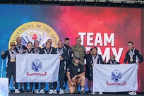 Team Army athletes receive 15 medals for the cycling event during the 2025 Department of Defense Warrior Games at Warrior Games Plaza, Colorado Springs, Colorado, July 20, 2025.