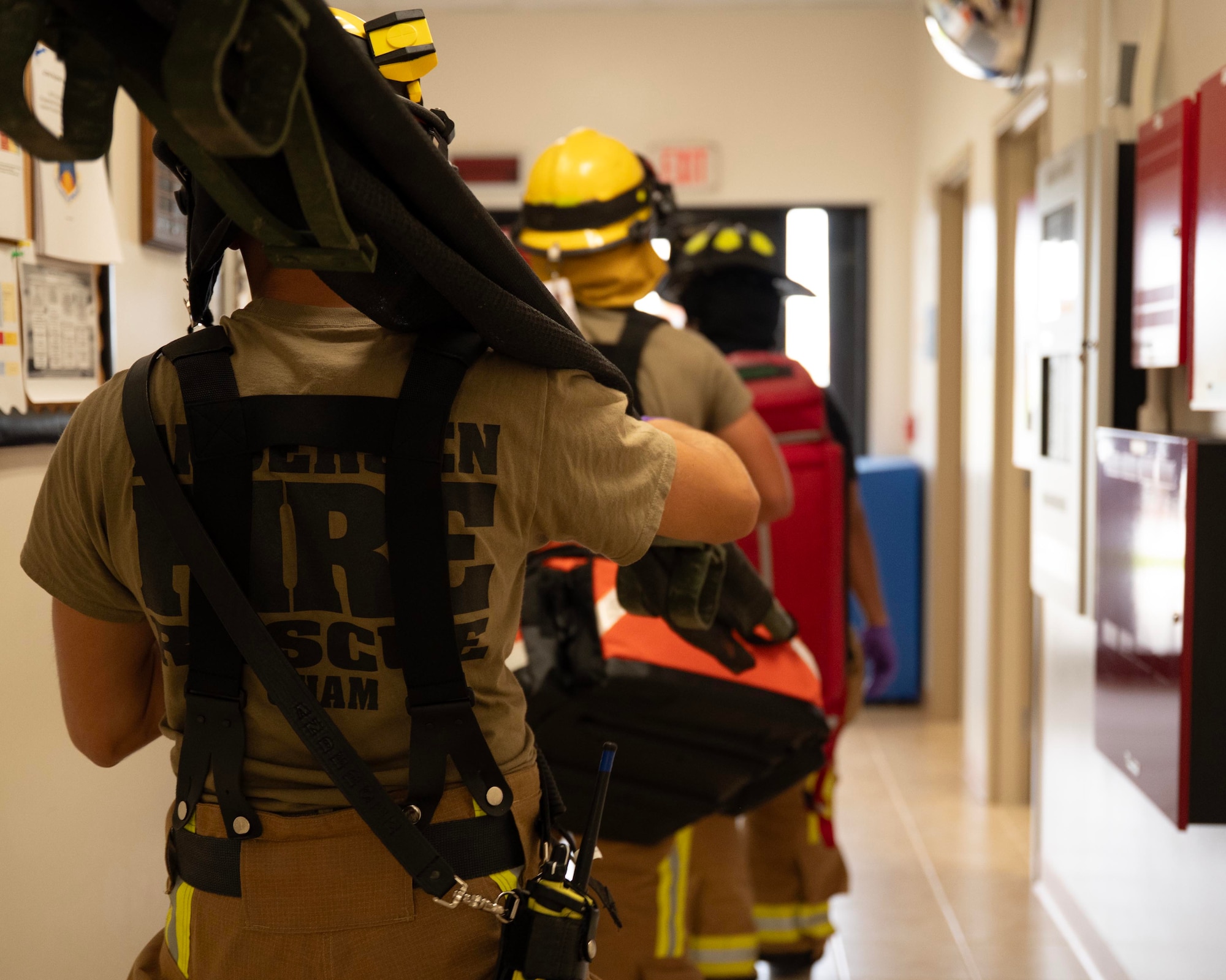 U.S. Air Force firefighters assigned to the 36th Civil Engineer Squadron search for simulated mass casualty victims during exercise Resolute Force Pacific 2025 at Andersen Air Force Base, Guam, July 18, 2025.