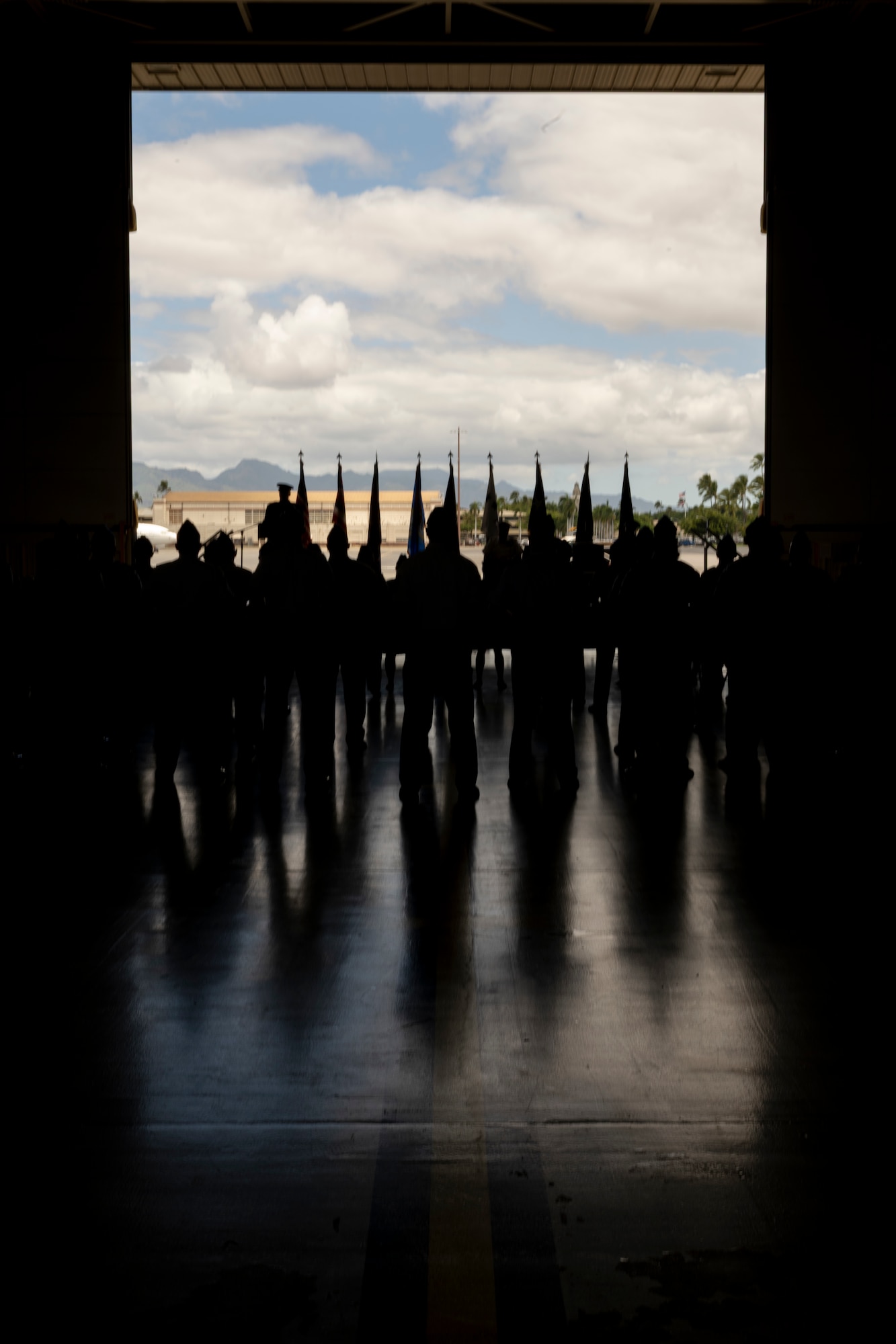 A group of men and women in uniform stand in formation