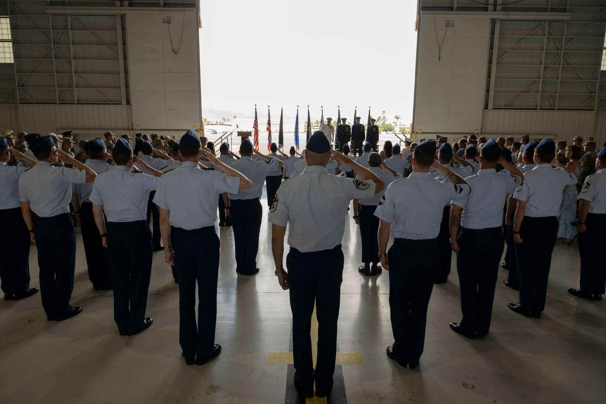 A group of men and women in uniform stand in formation