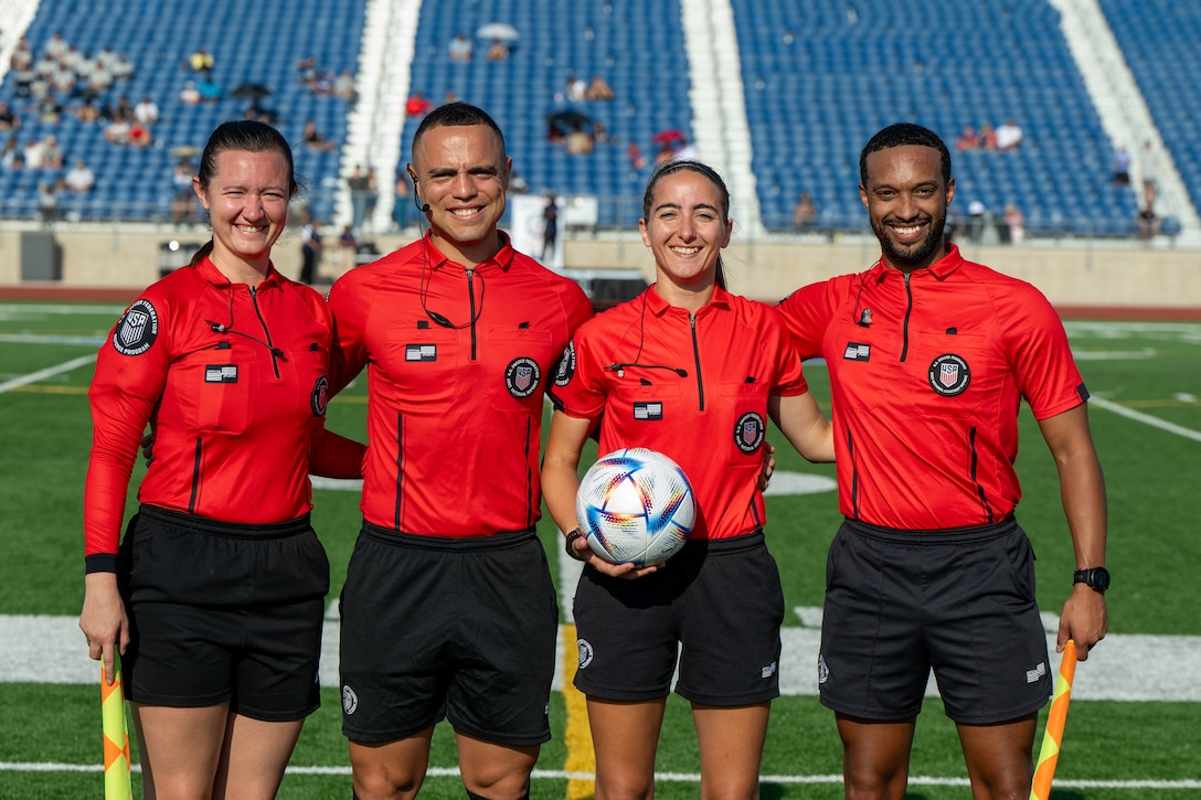 Referees from the U.S. Soccer Federation pose for a group photo at the Armed Forces Men’s Soccer Championship in Phantom Warrior Stadium, Fort Hood, Texas, on July 26, 2025. Each team faces off in a bracket to determine which service will hold the championship title, featuring teams from the Army, Navy, and Air Force. (U.S. Army photo by Sgt. Tien Dat Ngo)