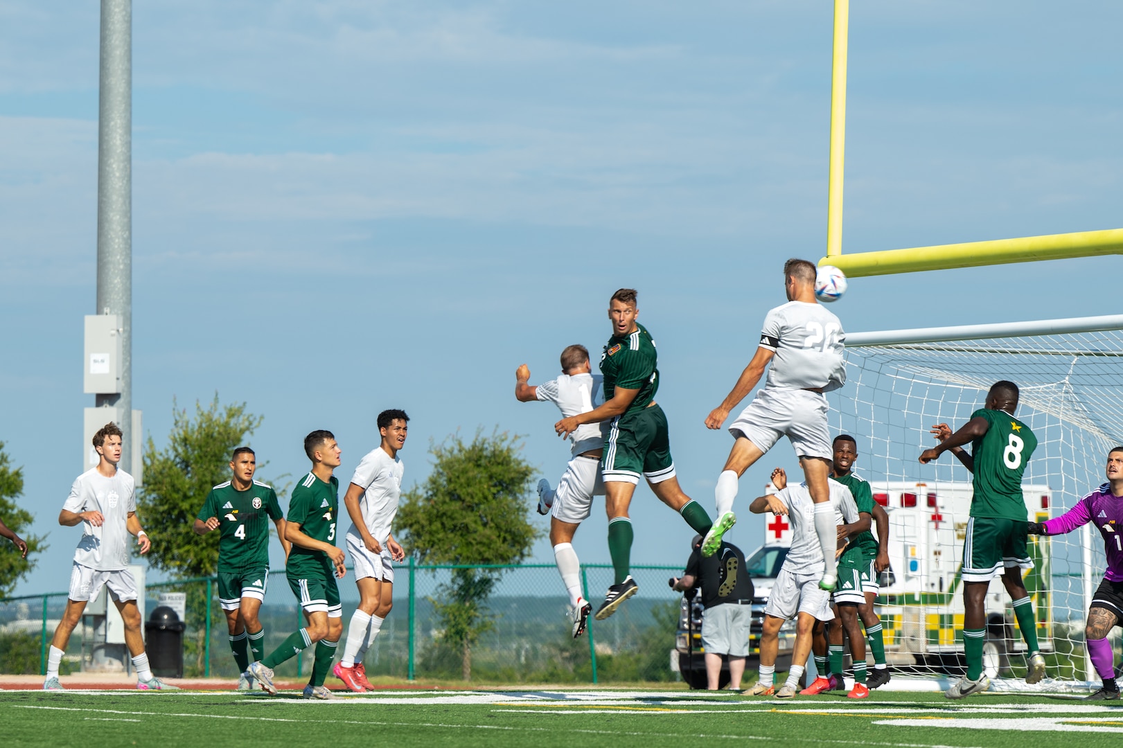 U.S. Air Force Airman scores the first point against the Army in the first round during the Armed Forces Men’s Soccer Championship at Phantom Warrior Stadium, Fort Hood, Texas, on July 26, 2025. Each team faces off in a bracket to determine which service will hold the championship title, featuring teams from the Army, Navy, and Air Force. (U.S. Army photo by Sgt. Tien Dat Ngo)