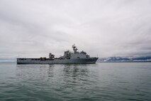 LAE, Papua New Guinea (July 26, 2025) – The Harpers Ferry-class amphibious dock landing ship USS Pearl Harbor (LSD 52) arrives in Lae, Papua New Guinea, in support of Pacific Partnership, July 26, 2025