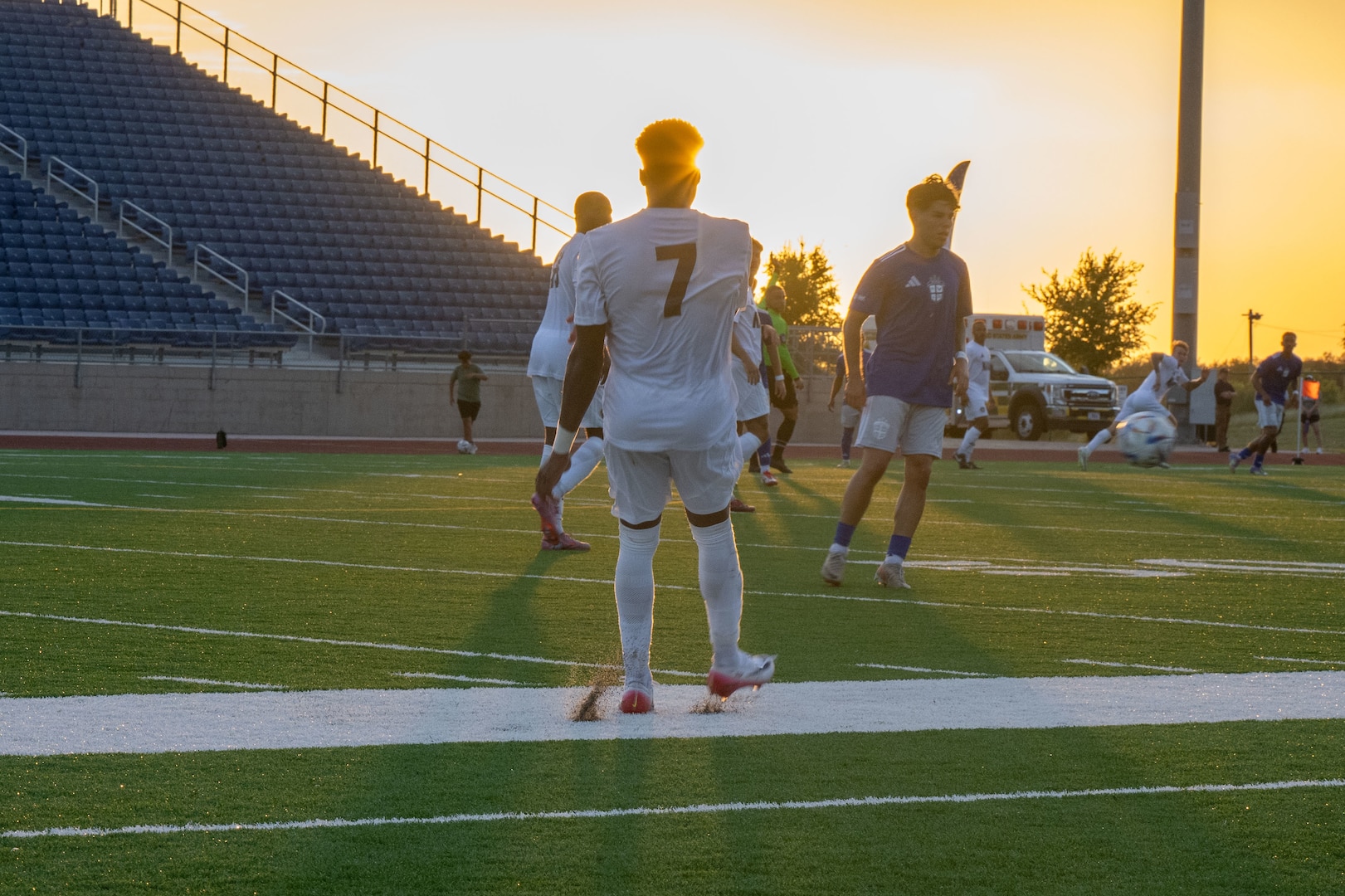 FORT HOOD, TEXAS (July 27, 2025) U.S. Navy Petty Officer 3rd Class Julio Noel, forward for the U.S. Navy Armed Forces Sports Men’s Soccer team, kicks the ball down the field during the Armed Forces Men’s Soccer Championship, July, 27, 2025 at Phantom Warrior Stadium, Fort Hood Texas. Military service teams, Army, Navy, and Air Force compete in a bracket tournament for the championship title. Armed Forces Sports fosters goodwill by promoting physical fitness, providing competitive opportunities for military athletes at national and international levels, enhancing recruitment and retention through sports diplomacy, and building strategic partnerships with allied nations. (U.S. Department of Defense photo by Mass Communication Specialist 2nd Class Theodore C. Lee)