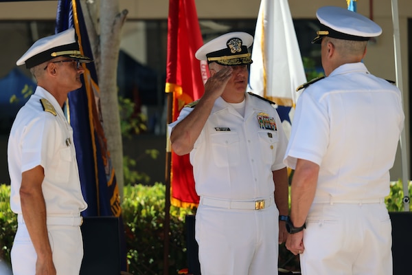 Rear Adm. Kevin Brown, the new commander, Naval Medical Forces Pacific (NMFP) and director, Defense Health Network-Pacific Rim, salutes Rear Adm. Darin K. Via, Navy Surgeon General and chief, Bureau of Medicine and Surgery during a change of command ceremony held at Naval Medical Center San Diego on July 25, 2025. During the ceremony, Brown relieved Rear Adm. Guido Valdes. 



“I can think of no better place and no more qualified team than the Naval Medical Forces Pacific and Defense Health Network – Pacific Rim,” Brown said. “Your expertise in health care delivery is well demonstrated, your commitment to our beneficiaries and the operational mission is unmatched, and you offer unlimited potential as a research and warfighting readiness platform. I wouldn’t want to be anyplace else today and can’t wait to get after our important work together.” (U.S. Navy photo by Arsenio R. Cortez Jr.)