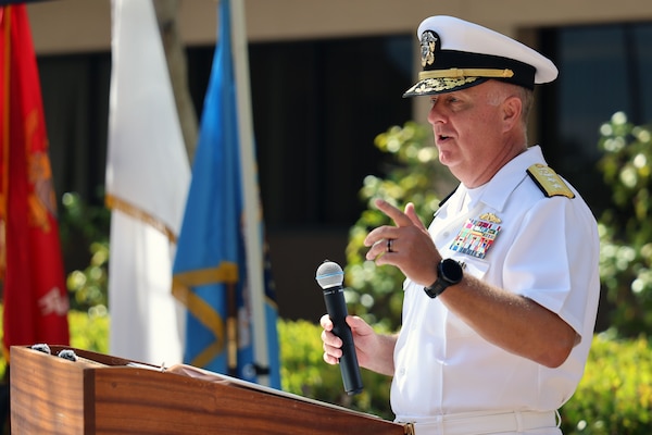 Rear Adm. Darin K. Via, Navy Surgeon General and chief, Bureau of Medicine and Surgery, gives his remarks during the Naval Medical Forces Pacific change of command ceremony held at Naval Medical Center San Diego on July 25, 2025. During the ceremony, Rear Adm. Guido Valdes relinquished command to Rear Adm. Kevin Brown, after serving as the commander of NMFP since May 2022. Via emphasized the importance of NMFP and DHN-PR to the Navy Medicine mission.



“For the past three years, Guido and his team of unsung heroes of operational health services readiness have been "manning newly established platforms and deploying medical warfighters around the world in direct support of combat operations and deterring Chinese aggression, providing health security cooperation in support of the Pacific Fleet and Indo-Pacific Commander,” Via said. (U.S. Navy photo by Arsenio R. Cortez Jr.)