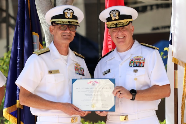 Rear Adm. Darin K. Via, Navy Surgeon General and chief, Bureau of Medicine and Surgery, presents the Legion of Merit award to Rear Adm. Guido Valdes for his accomplishments as the Naval Medical Forces Pacific commander during a change of command ceremony held at Naval Medical Center San Diego on July 25, 2025. During the ceremony, Rear Adm. Guido Valdes relinquished command to Rear Adm. Kevin Brown.



“On behalf of everyone in Navy Medicine, thank you, Admiral Valdes, for your exemplary leadership, your tireless efforts, and your profound impact,” Via said. “We congratulate you on this incredible achievement and wish you fair winds and following seas in your next tour as The Medical Officer of the Marine Corps and director, U.S. Marine Corps Health Services.” (U.S. Navy photo by Arsenio R. Cortez Jr.)