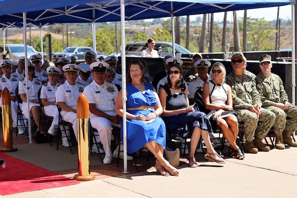 Guests, families and friends watch as Rear Adm. Guido Valdes relinquishes command to Rear Adm. Kevin Brown during the Naval Medical Forces Pacific change of command ceremony held at Naval Medical Center San Diego on July 25, 2025. The event recognized the transition of leadership for an organization achieving significant advancements in medical readiness, health care delivery and financial stability. (U.S. Navy photo by Arsenio R. Cortez Jr.)