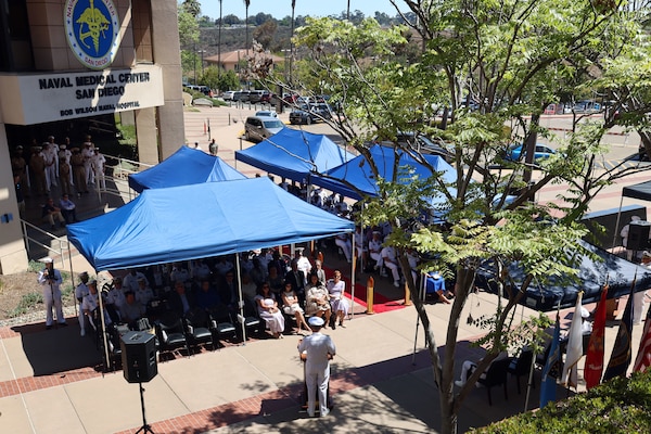 Guests, families and friends watch as Rear Adm. Guido Valdes relinquishes command to Rear Adm. Kevin Brown during the Naval Medical Forces Pacific change of command ceremony held at Naval Medical Center San Diego on July 25, 2025. The event recognized the transition of leadership for an organization achieving significant advancements in medical readiness, health care delivery and financial stability. (U.S. Navy photo by Arsenio R. Cortez Jr.)