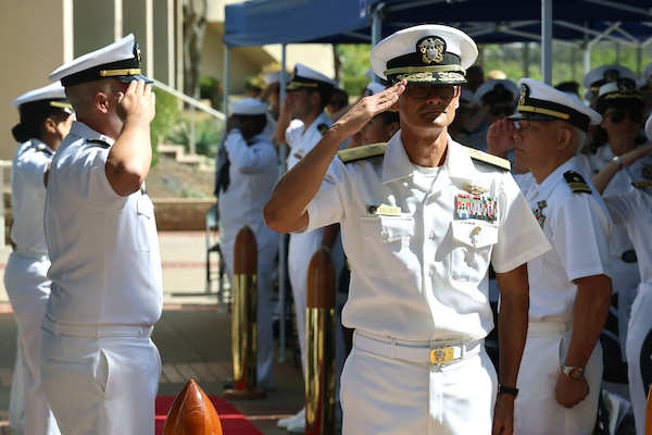 Rear Adm. Guido Valdes, commander, Naval Medical Forces Pacific (NMFP) and director, Defense Health Network-Pacific Rim, arrives during a change of command ceremony held at Naval Medical Center San Diego on July 25, 2025. During the ceremony, Valdes relinquished command to Rear Adm. Kevin Brown after leading NMFP since May 2022. (U.S. Navy photo by Arsenio R. Cortez Jr.)