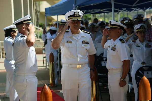 Rear Adm. Kevin Brown, commander, Naval Medical Forces Pacific (NMFP) and director, Defense Health Network-Pacific Rim, arrives during a change of command ceremony held at Naval Medical Center San Diego on July 25, 2025. During the ceremony, Brown relieved Rear Adm. Guido Valdes who led NMFP since May 2022. (U.S. Navy photo by Arsenio R. Cortez Jr.)