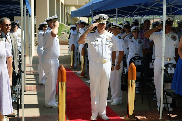 Rear Adm. Darin K. Via, Navy Surgeon General and chief, Bureau of Medicine and Surgery, arrives as at the Naval Medical Forces Pacific change of command ceremony held at Naval Medical Center San Diego on July 25, 2025. During the ceremony, Rear Adm. Guido Valdes relinquished command to Rear Adm. Kevin Brown, after serving as the commander of NMFP since May 2022. (U.S. Navy photo by Arsenio R. Cortez Jr.)