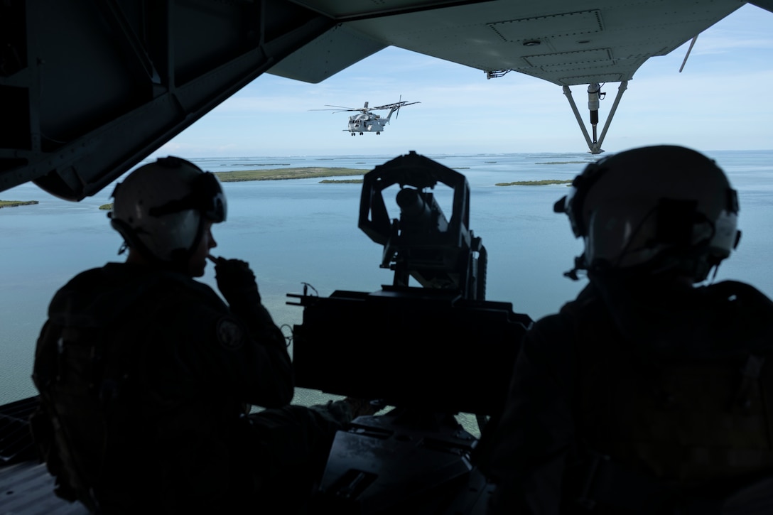 U.S. Marines with Marine Heavy Helicopter Squadron (HMH) 461, Marine Aircraft Group 29, 2nd Marine Aircraft Wing (MAW), fly a CH-53K King Stallion near Naval Air Station Key West, Florida, July 22, 2025. Marines with 2nd MAW and 2nd Distribution Support Battalion are training alongside elements of the U.S. Army, U.S. Navy, and U.S. Customs and Border Protection to refine humanitarian assistance and disaster relief capabilities while also refining the CH-53K King Stallion's ability to support distributed aviation operations in a joint environment. (U.S. Marine Corps photo by Cpl. Mya Seymour)