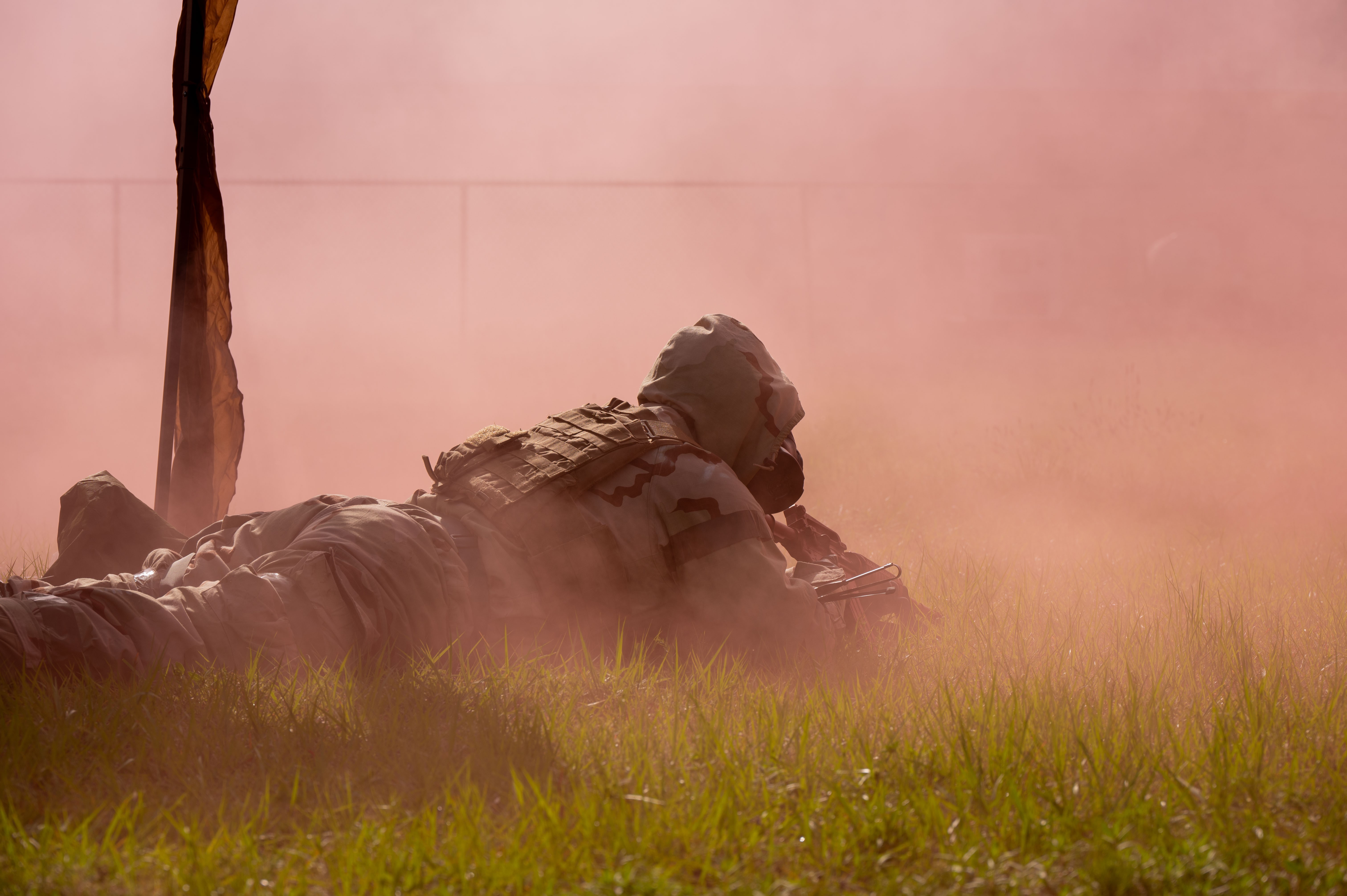A Reserve Air Commando from the 919th Special Operations provide base defense in a simulated chemical attack during a combat readiness exercise at Duke Field, Fla.