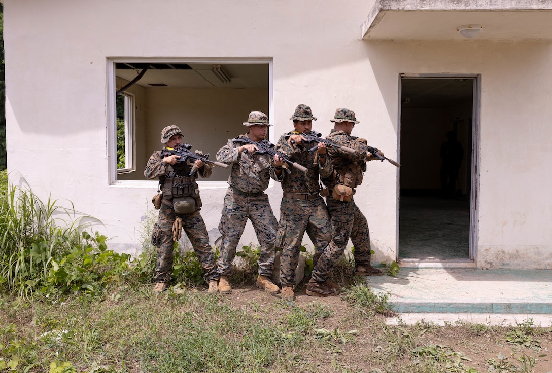 U.S. Marines with Golf Company, 2nd Battalion, 23rd Marines, forward deployed with 4th Marine Regiment, 3rd Marine Division as part of the Unit Deployment Program, conduct military operations in urban terrain training during the Korean Marine Exercise Program, July 21, 2025. KMEP is conducted regularly between the ROK and U.S. Marine Corps to increase their combined capabilities through realistic training geared towards deterring threats and maintaining peace in the Indo-Pacific. (U.S. Marine Corps photo by Cpl. Kanoa Thomas)