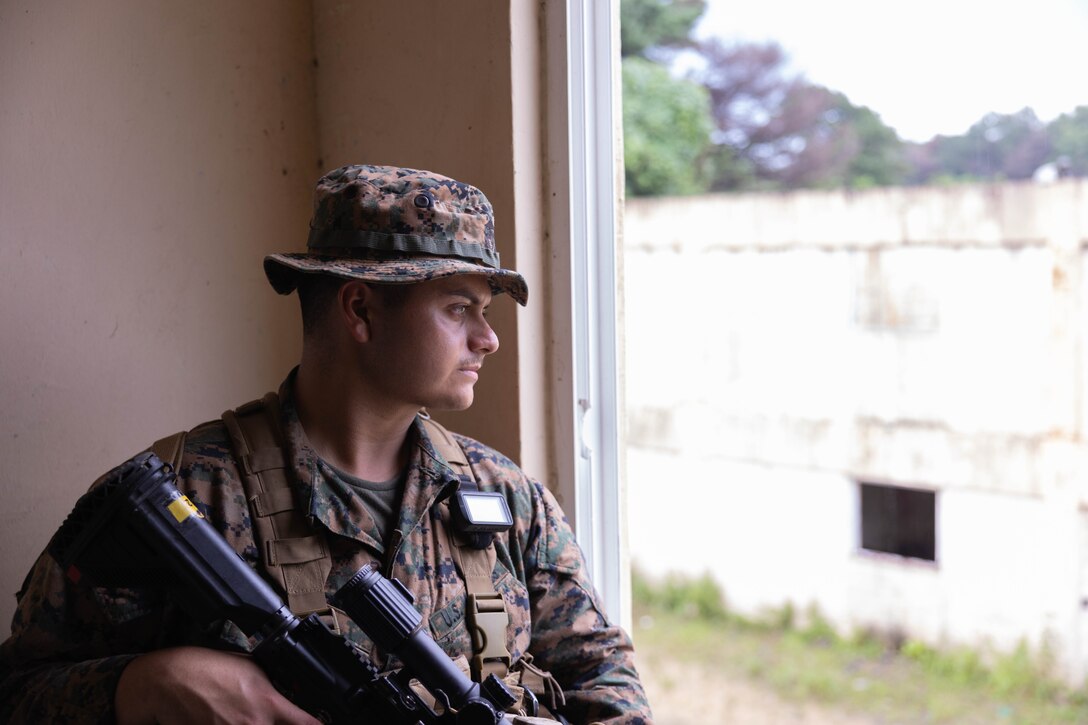 U.S. Marine Corps Cpl. Andrew Mora, a rifleman with Golf Company, 2nd Battalion, 23rd Marines, forward deployed with 4th Marine Regiment, 3rd Marine Division as part of the Unit Deployment Program, provides security during the Korean Marine Exercise Program, July 21, 2025. KMEP is conducted regularly between the ROK and U.S. Marine Corps to increase their combined capabilities through realistic training geared towards deterring threats and maintaining peace in the Indo-Pacific. Mora is a native of California. (U.S. Marine Corps photo by Cpl. Kanoa Thomas)