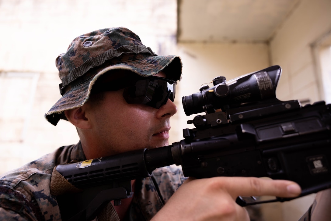 U.S. Marine Corps Cpl. Peyton Hull, a machine gunner with Golf Company, 2nd Battalion, 23rd Marines, forward deployed with 4th Marine Regiment, 3rd Marine Division as part of the Unit Deployment Program, provides security during the Korean Marine Exercise Program, July 21, 2025. KMEP is conducted regularly between the ROK and U.S. Marine Corps to increase their combined capabilities through realistic training geared towards deterring threats and maintaining peace in the Indo-Pacific. Hull is a native of California. (U.S. Marine Corps photo by Cpl. Kanoa Thomas)