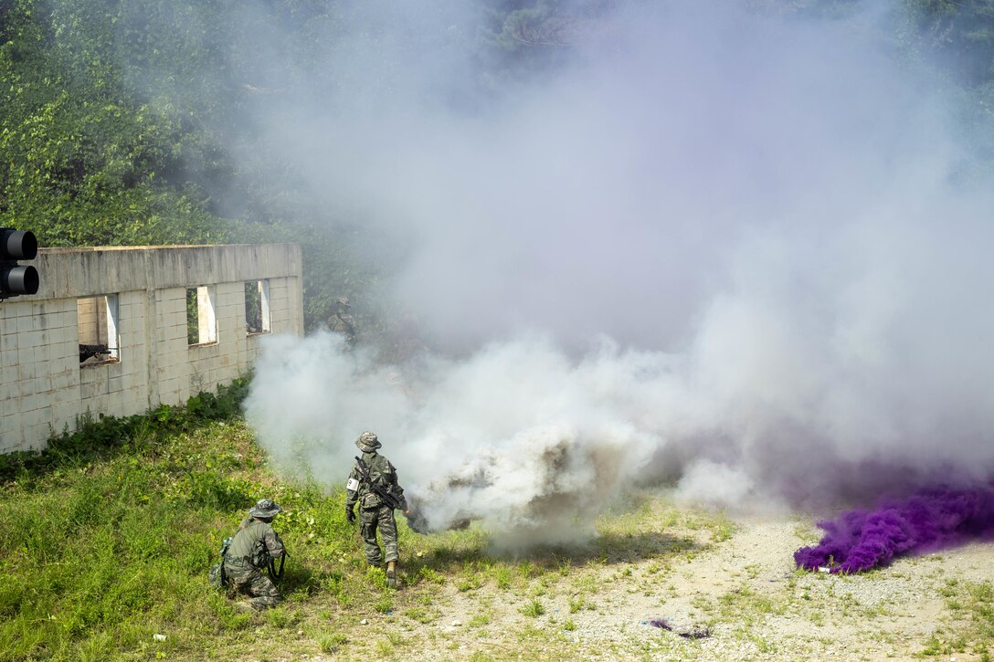 U.S. Marines with Golf Company, 2nd Battalion, 23rd Marines, forward deployed with 4th Marine Regiment, 3rd Marine Division as part of the Unit Deployment Program and Republic of Korea Marines with 1st Marine Division, ROK, conduct military operations in urban terrain training during the Korean Marine Exercise Program 25.2 in Pohang, South Korea, July 22, 2025. KMEP is conducted regularly between the ROK and U.S. Marine Corps to increase their combined capabilities through realistic training geared towards deterring threats and maintaining peace in the Indo-Pacific. Castaneda is a native of California. (U.S. Marine Corps photo by Cpl. Kanoa Thomas)