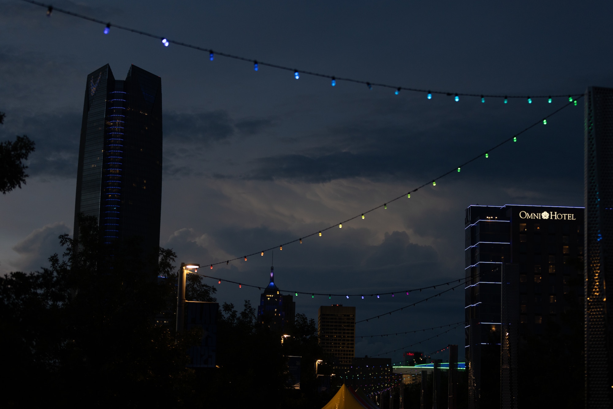 Building displaying blue light.