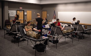 U.S. Air Force Airmen from the 133rd Airlift Wing donate blood in St. Paul, Minn., July 25, 2025.