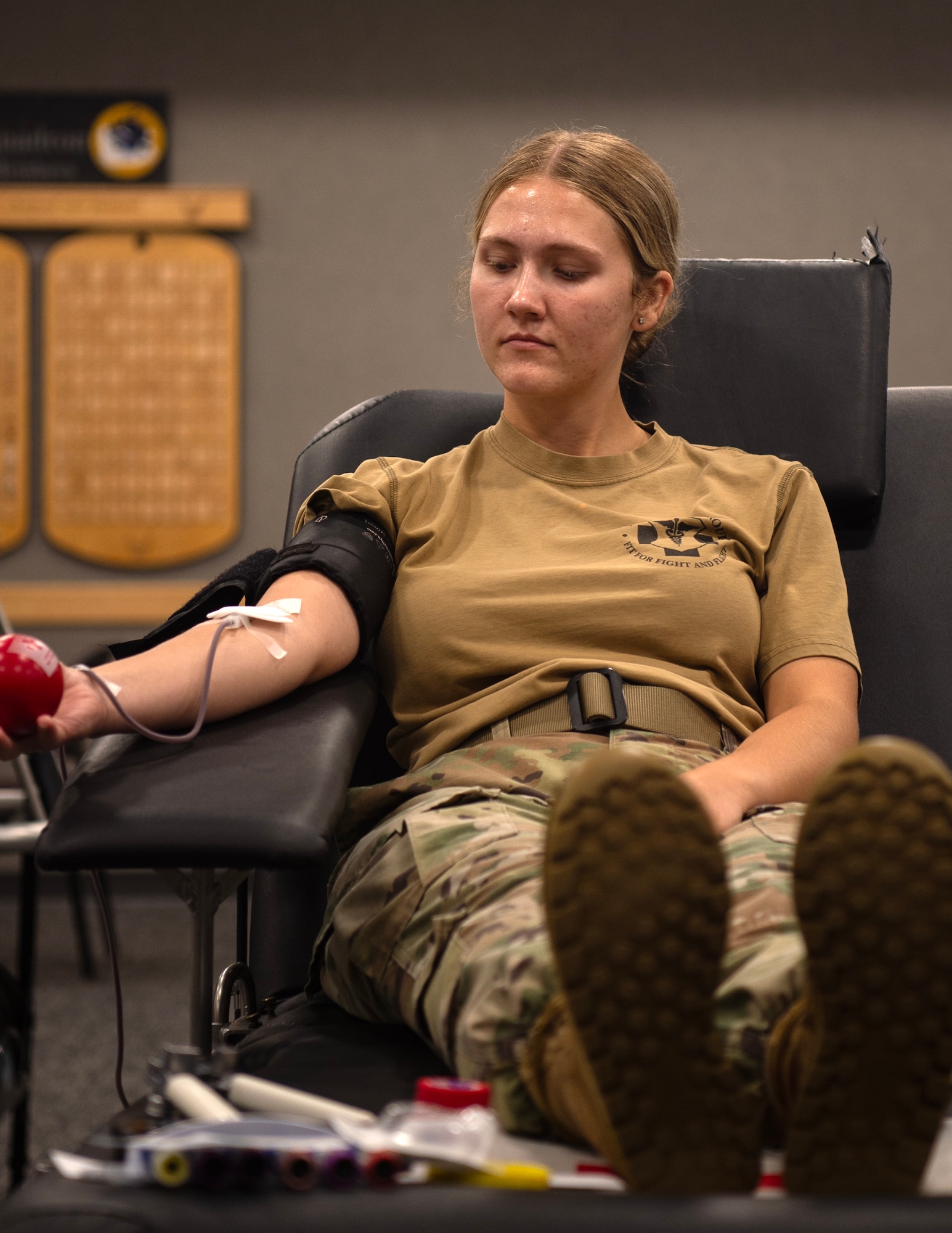 U.S. Air Force Airmen from the 133rd Airlift Wing donate blood in St. Paul, Minn., July 25, 2025.