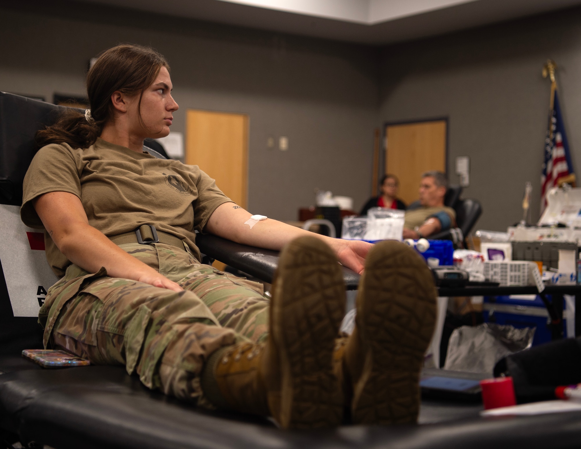 U.S. Air Force Airmen from the 133rd Airlift Wing donate blood in St. Paul, Minn., July 25, 2025.