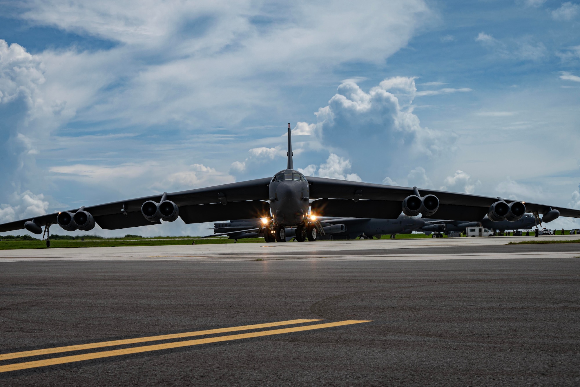 A U.S. Air Force B-52H Stratofortress, assigned to the 23rd Expeditionary Bomb Squadron, Minot Air Force Base, North Dakota, taxis on the flight line in support of a Bomber Task Force mission at Andersen Air Force Base, Guam, July 22, 2025. Regular bomber missions in the Indo-Pacific ensure our crews are highly trained, fully prepared, and capable of operating anytime, anywhere to defend U.S. interests and support our allies. (U.S. Air Force photo by Senior Airman Alyssa Bankston)
