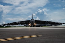 A U.S. Air Force B-52H Stratofortress, assigned to the 23rd Expeditionary Bomb Squadron, Minot Air Force Base, North Dakota, taxis on the flight line in support of a Bomber Task Force mission at Andersen Air Force Base, Guam, July 22, 2025. Regular bomber missions in the Indo-Pacific ensure our crews are highly trained, fully prepared, and capable of operating anytime, anywhere to defend U.S. interests and support our allies. (U.S. Air Force photo by Senior Airman Alyssa Bankston)