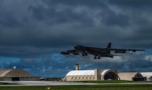 A U.S. Air Force B-52H Stratofortress, assigned to the 23rd Expeditionary Bomb Squadron, Minot Air Force Base, North Dakota, takes flight in support of a Bomber Task Force mission at Andersen Air Force Base, Guam, July 21, 2025. The BTF missions help to deter adversaries, assure allies and partners, strengthen interoperability, maintain readiness, and ensure the ability to operate anytime, and anywhere. (U.S. Air Force photo by Senior Airman Alyssa Bankston)