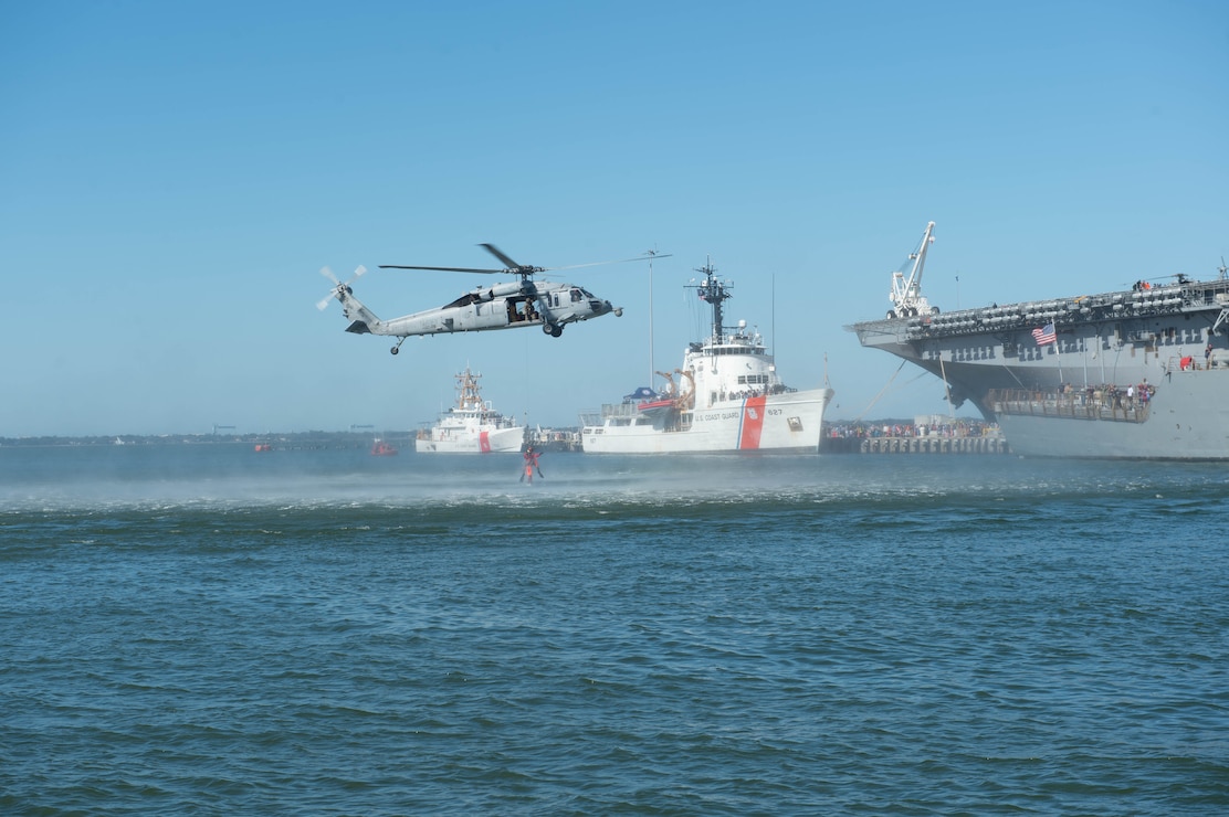 NORFOLK, VA (Oct. 19, 2024) A MH-60S Seahawk helicopter team, assigned to HSC-28 “Dragon Whales”, performs a search and rescue demonstration during Naval Station (NAVSTA) Norfolk’s Fleet Fest 2024, October 19, 2024.