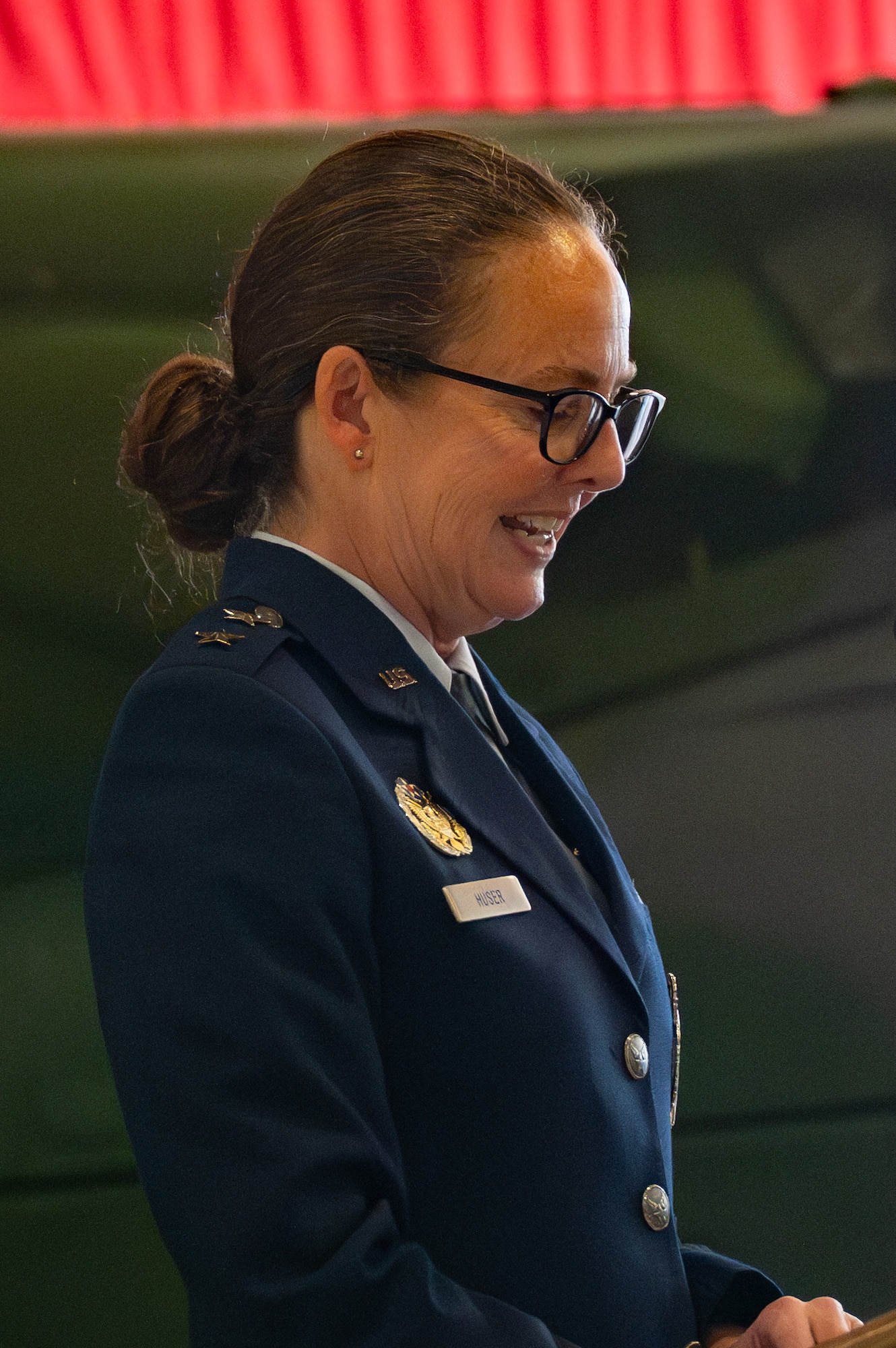 Maj. Gen. Stacy Huser, 20th Air Force commander and presiding officer, speaks to the crowd during the 582nd Helicopter Group change of command ceremony at F.E. Warren Air Force Base, Wyoming, July 15, 2025. The change of command ceremony reflects the orderly transition of authority within military ranks, reinforcing continuity and trust in leadership. (U.S. Air Force photo by Airman Nicholas Rowe)
