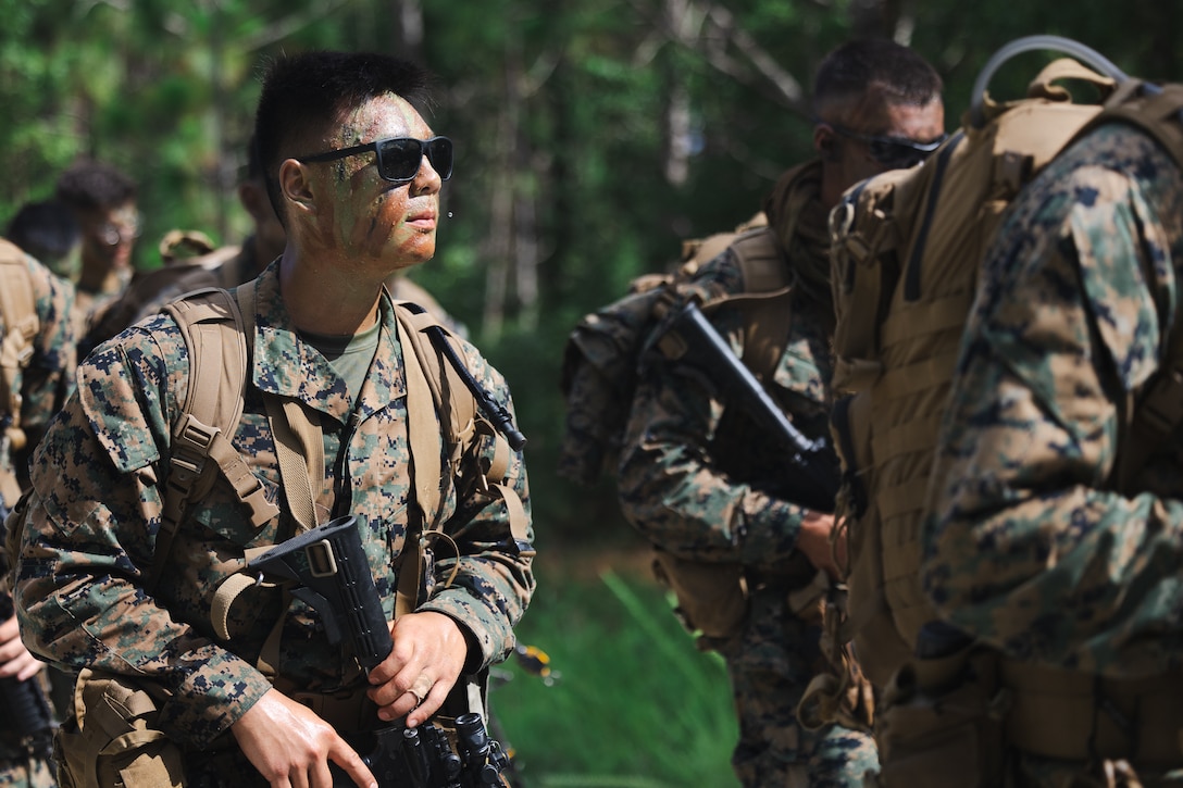 A U.S. Navy Reserve Officers’ Training Corps (ROTC) Midshipman takes part in a patrol during Fleet Marine Force East (FMF-E) at Marine Corps Base Camp Lejeune, North Carolina, July 17, 2025.  2nd Battalion, 2nd Marine Regiment provided coordination and safety support during FMF-E, a training event with the purpose of familiarizing NROTC Midshipmen who have committed to becoming Marine Corps officers with the primary communities they may serve in. (U.S. Marine Corps photo by Sgt. Jorge Borjas)