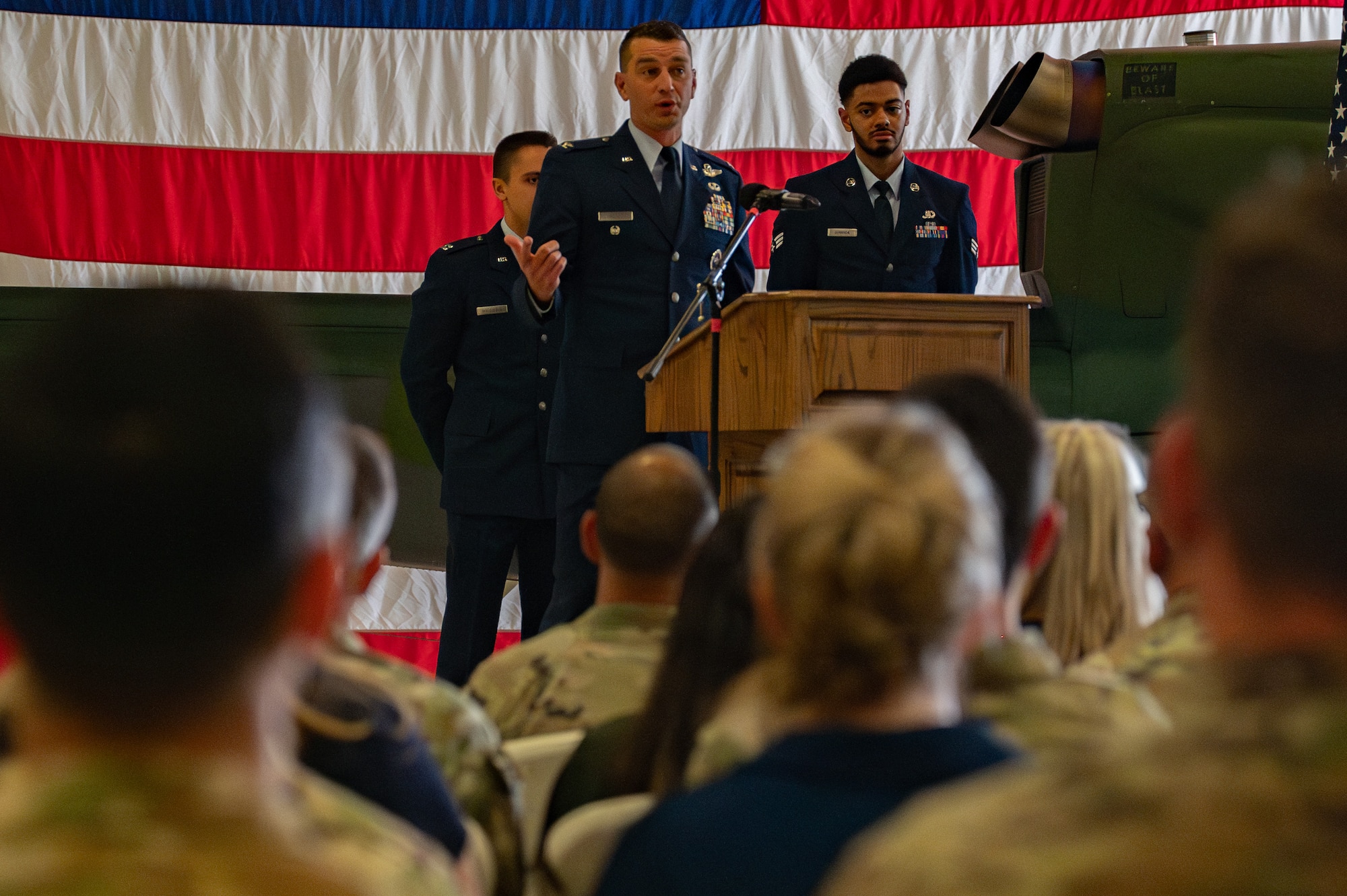 Col. Bryant Bevan, 582nd Helicopter Group commander, gives his initial remarks after assuming command of the 582 HG during the 582 HG change of command ceremony at F.E. Warren Air Force Base, Wyoming, July 15, 2025. The change of command ceremony reflects the orderly transition of authority within military ranks, reinforcing continuity and trust in leadership. (U.S. Air Force photo by Airman Nicholas Rowe)