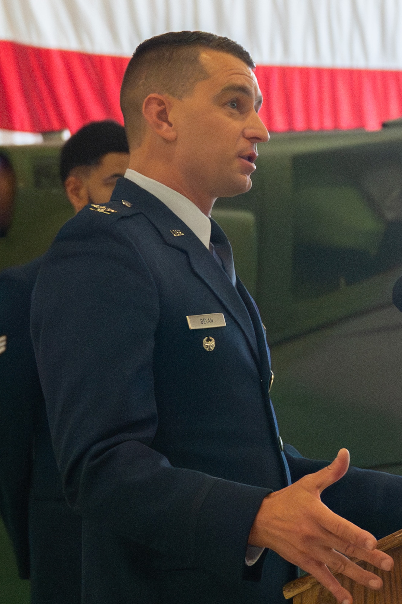 Col. Bryant Bevan, 582nd Helicopter Group commander, gives his initial remarks after assuming command of the 582 HG during the 582 HG change of command ceremony at F.E. Warren Air Force Base, Wyoming, July 15, 2025. The change of command ceremony reflects the orderly transition of authority within military ranks, reinforcing continuity and trust in leadership. (U.S. Air Force photo by Airman Nicholas Rowe)