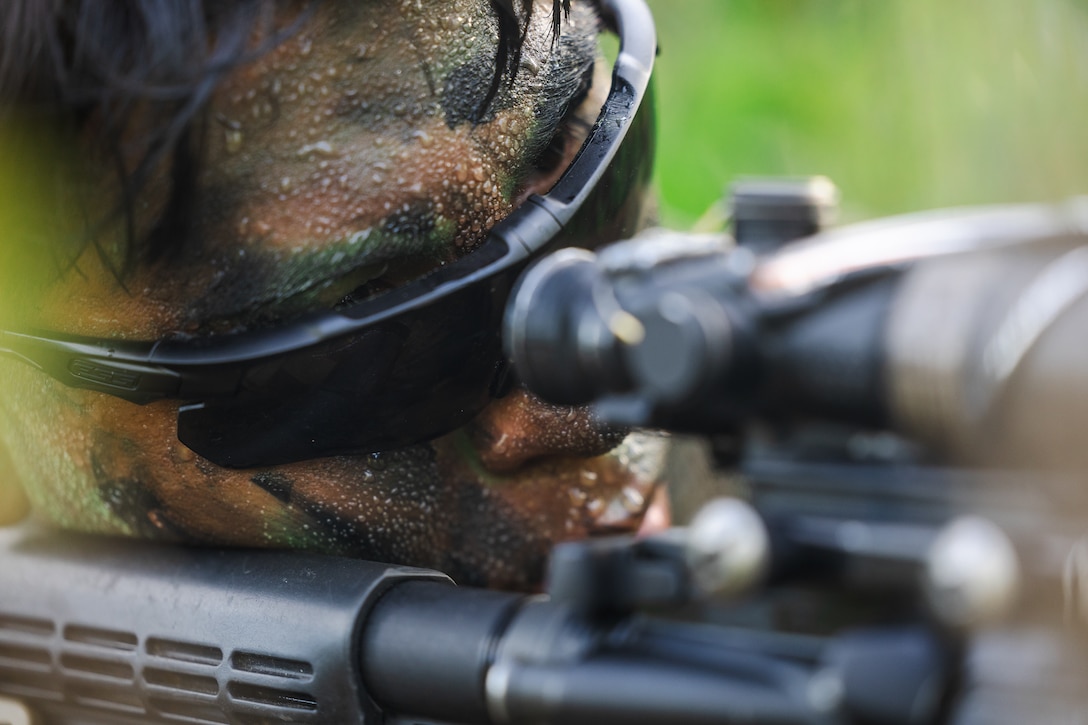 A U.S. Navy Reserve Officers; Training Corps (ROTC) Midshipman provides security while conducting patrol base operations during Fleet Marine Force East (FMF-E) at Marine Corps Base Camp Lejeune, North Carolina, July 17, 2025.  2nd Battalion, 2nd Marine Regiment provided coordination and safety support during FMF-E, a training event with the purpose of familiarizing NROTC Midshipmen who have committed to becoming Marine Corps officers with the primary communities they may serve in. (U.S. Marine Corps photo by Sgt. Jorge Borjas)
