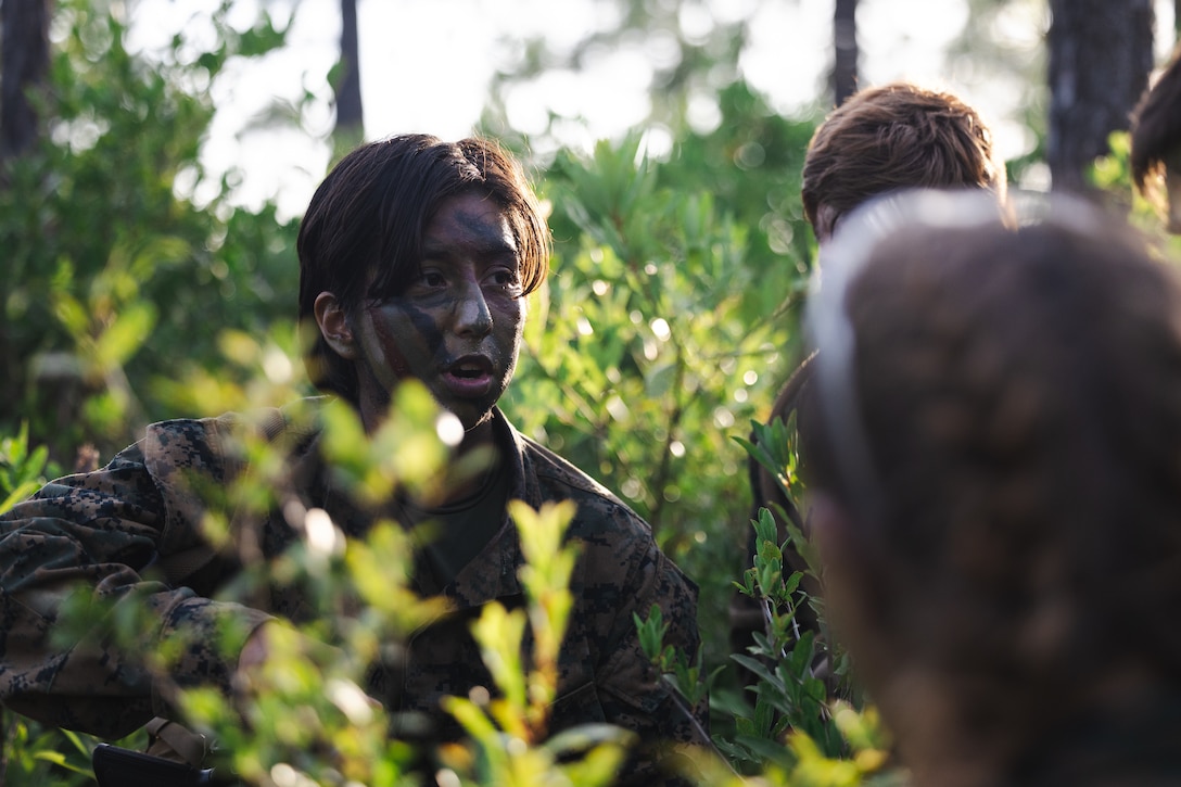 A U.S. Navy Reserve Officers’ Training Corps (ROTC) Midshipman communicates with her squad while conducting patrol base operations during Fleet Marine Force East (FMF-E) at Marine Corps Base Camp Lejeune, North Carolina, July 17, 2025.  2nd Battalion, 2nd Marine Regiment provided coordination and safety support during FMF-E, a training event with the purpose of familiarizing NROTC Midshipmen who have committed to becoming Marine Corps officers with the primary communities they may serve in. (U.S. Marine Corps photo by Sgt. Jorge Borjas)
