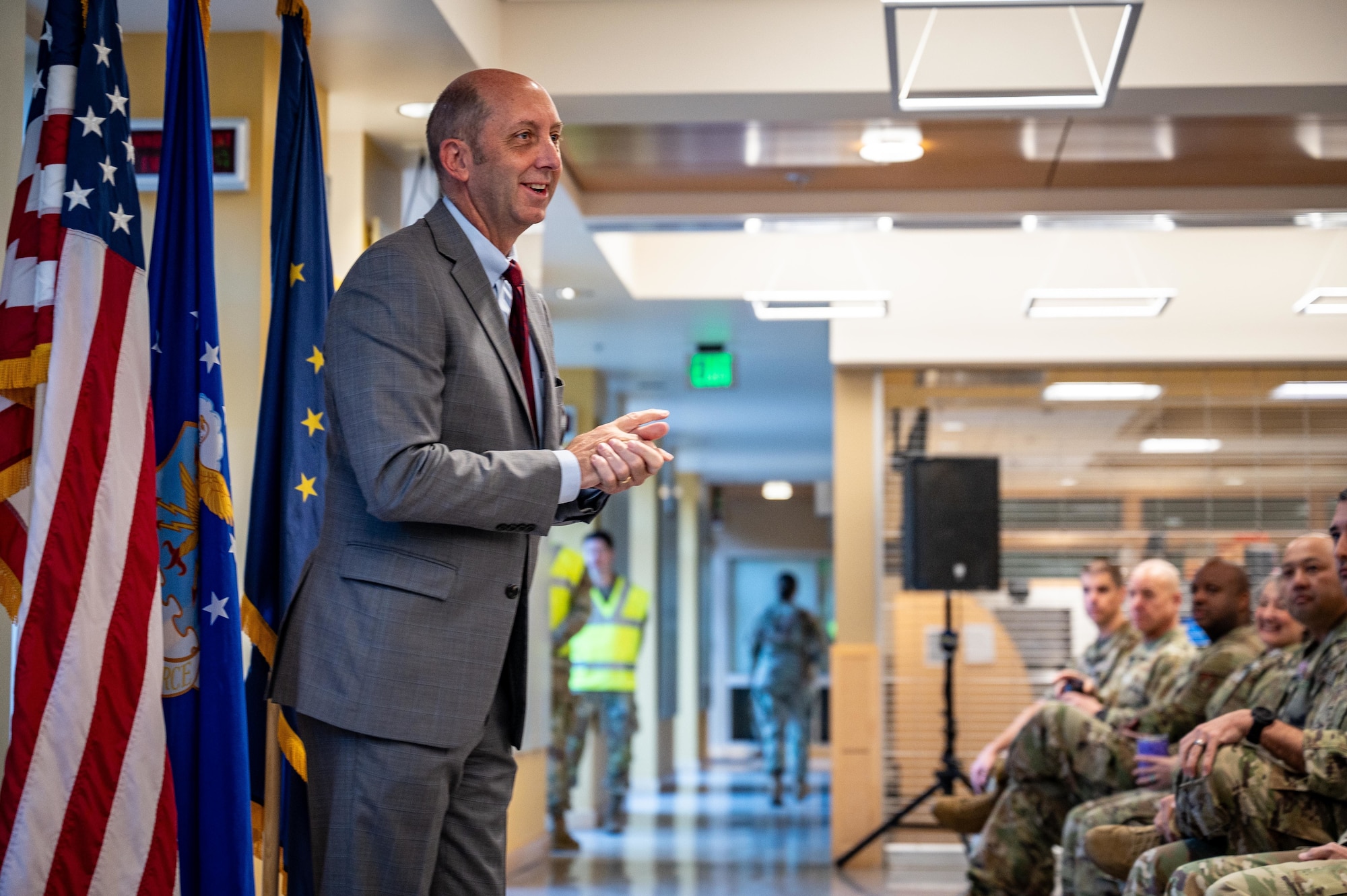 Dr. Stephen Ferrara, acting Assistant Secretary of Defense for Health Affairs, speaks to the U.S. Air Force 673d Medical Group at Joint Base Elmendorf-Richardson, Alaska, July 16, 2025.