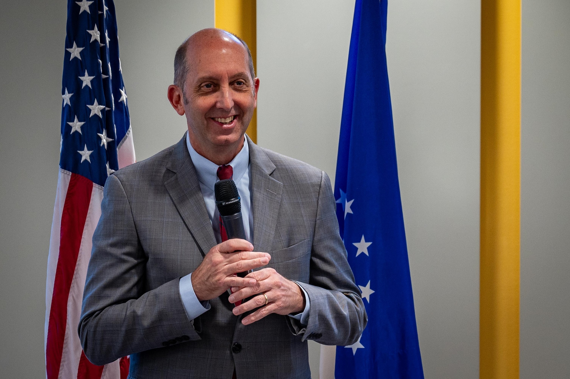 Dr. Stephen Ferrara, acting Assistant Secretary of Defense for Health Affairs, speaks to the U.S. Air Force 673d Medical Group at Joint Base Elmendorf-Richardson, Alaska, July 16, 2025.