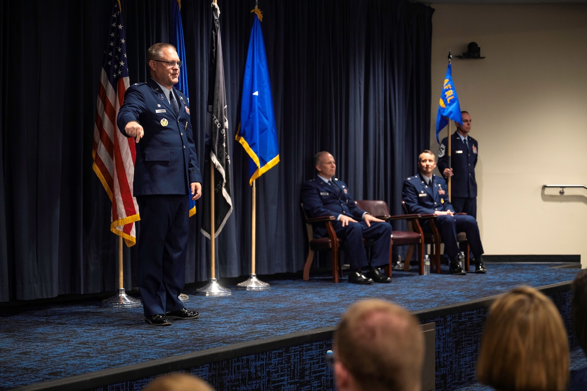 Col. Richard R. Beckman speaks at the Air Force Research Laboratory Phillips Research Site change of command at Kirtland Air Force Base, N.M., July 15, 2025. Beckman succeeds Col. Jeremy A. Raley and will lead a team of over 1,000 military members, civilians and on-site contractors who make up the U.S.’s center of excellence for military space science and technology, research and development and advanced technology integration and demonstration. The directorate supports key U.S. Space Force missions, including communications; position, navigation and timing; missile warning; space domain awareness and space control. (U.S. Air Force photo / Senior Airman Spencer Kanar)