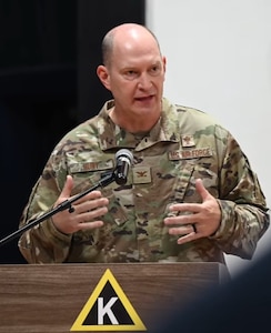 U.S. Air Force Chaplain (Col.) Jonathan Hurt, Joint Base McGuire-Dix-Lakehurst senior chaplain, provides remarks and the invocation during the 379th Air Expeditionary Wing Change of Command ceremony within the U.S. Central Command area of responsibility, June 7, 2025. Hurt is a descendent of the first U.S. Army chaplain, Rev. John Hurt, who served alongside Gen. George Washington during the Revolutionary War. (Courtesy Photo)