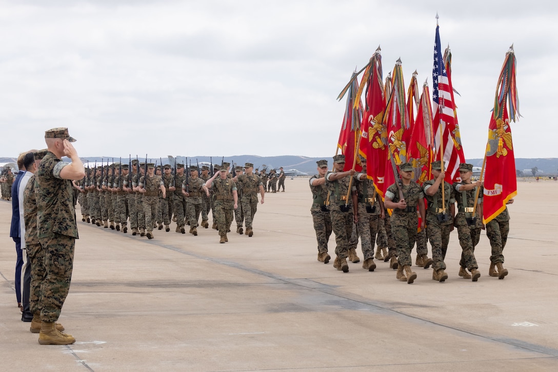 Current and former commanding officers of Marine Aircraft Group 16, 3rd Marine Aircraft Wing, salute during the pass in review during a change of command ceremony at Marine Corps Air Station Miramar, California, July 18, 2025. The change of command ceremony signifies the transition to new leadership and a continuation of the unit’s constant preparedness to fight and win. Under the leadership of Col. Kevin G. Hunter, MAG-16 amassed over 26,000 flight hours, 15,000 sorties, and 577,000 maintenance man hours. (U.S. Marine Corps photo by Cpl. Renee Gray)