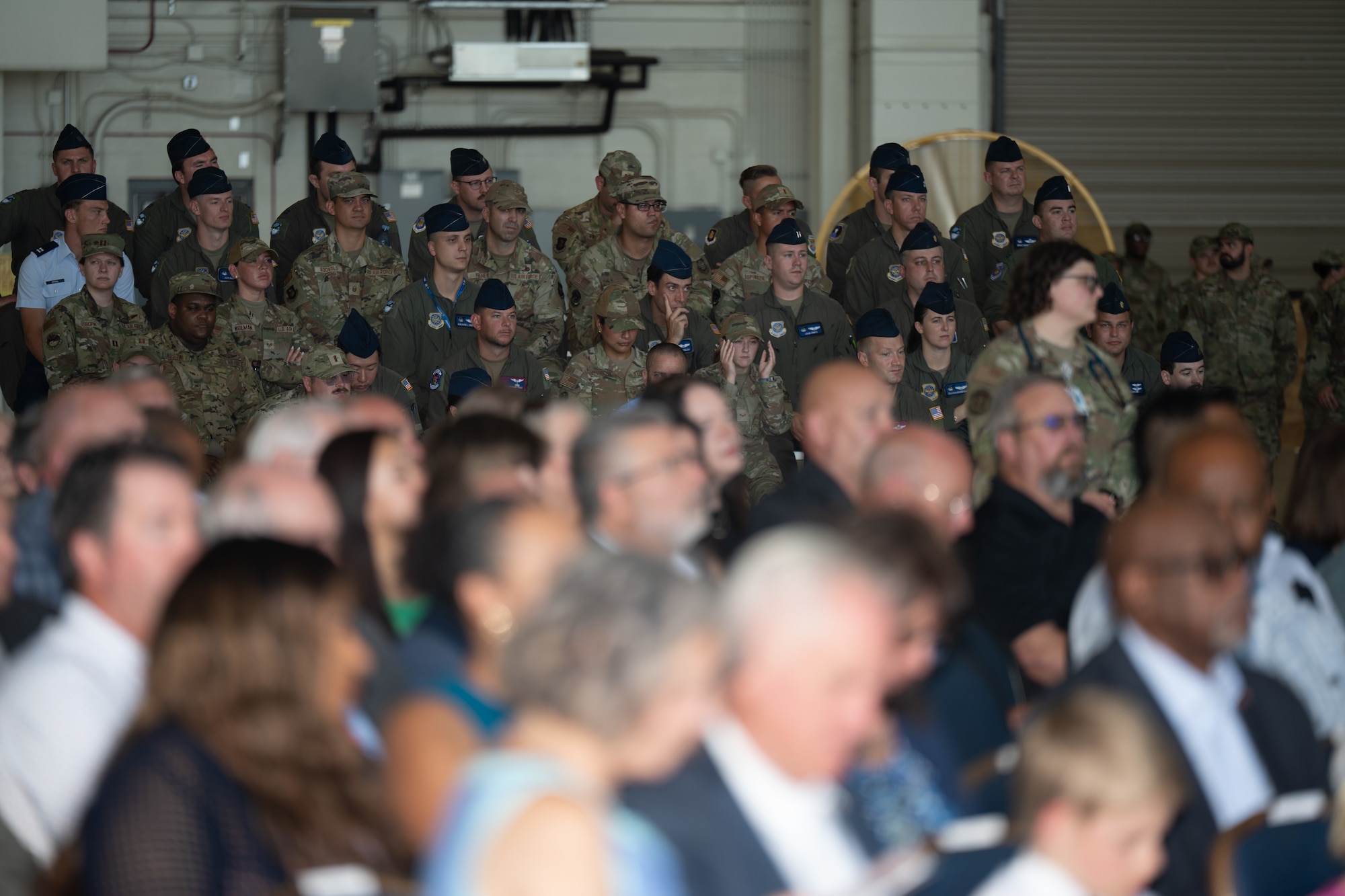 Team McConnell and esteemed guests sit in attendance to the

22nd Air Refueling Wing change of command ceremony at

McConnell Air Force Base, Kansas, July 28, 2025. Airmen from

various squadrons attended the change of command alongside

family members, civilian contractors, and civic leaders. (U.S. Air

Force photo by Senior Airman Amelio Brown)
