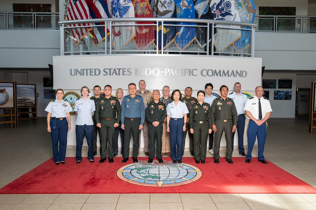 U.S. Air Force Brig. Gen. Sarah Russ, U.S. Indo-Pacific Command J5 Mobilization Assistant joins Royal Cambodian Armed Forces Lt. Gen. Suon Samnang, chairman of the Military Cooperation Coordination Group, and their delegations for a Bilateral Defense Dialogue group photo at USINDOPACOM headquarters on Camp H.M. Smith in Honolulu, July 24-25, 2025.