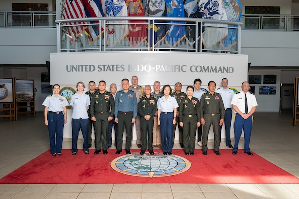 U.S. Air Force Brig. Gen. Sarah Russ, U.S. Indo-Pacific Command J5 Mobilization Assistant joins Royal Cambodian Armed Forces Lt. Gen. Suon Samnang, chairman of the Military Cooperation Coordination Group, and their delegations for a Bilateral Defense Dialogue group photo at USINDOPACOM headquarters on Camp H.M. Smith in Honolulu, July 24-25, 2025.