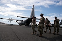 U.S. Air Force Airmen assigned to the 35th Medical Group execute an engine-running offload of a simulated litter patient for a mass casualty exercise during Resolute Force Pacific 2025 at Misawa Air Base, Japan, July 23, 2025.