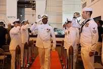 KINGS BAY, GA. (June 18, 2025) – Capt. Gregory Price, commanding officer, Strategic Weapons Facility, Atlantic (SWFLANT), departs a change of command held at the Explosives Handling Wharf onboard Naval Submarine Base Kings Bay, Ga., June 18, 2025. During the ceremony, Price relieved Capt. Juan Hines as commanding officer of SWFLANT. SWFLANT’s mission is to deliver safe, secure and effective sea-based strategic deterrence capabilities to fleet ballistic missile submarines. (U.S. Navy photo by Ashley Berumen)
