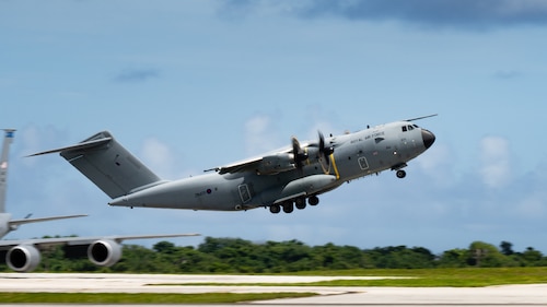 A Royal Air Force A400M Atlas aircraft assigned to the RAF Air Mobility Force takes flight as part of the U.S. Air Force's first-in-a-generation 2025 Department-Level Exercise series at Andersen Air Force Base, Guam, July 17, 2025. During the DLE, the RAF joined the U.S. Air Force and other allies, including the Royal Australian Air Force, Royal New Zealand Air Force, Royal Canadian Air Force, Japan Air Self-Defense Force, and Republic of Korea Air Force, in exercising their airlift and aeromedical evacuation capabilities. The DLE encompasses all branches of the Department of Defense, Allies, and partners, employing more than 400 joint and coalition aircraft and more than 12,000 personnel across more than 50 locations spanning 3,000 miles. (U.S. Air Force photo by Senior Airman Jade M. Caldwell)