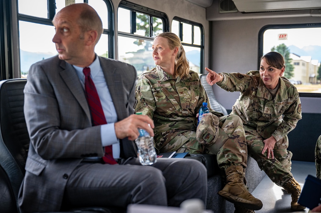 Dr. Stephen Ferrara (left), acting Assistant Secretary of Defense for Health Affairs, U.S. Air Force Col. Angela Lacek (center), the 673d Medical Group commander, and Chief Master Sgt. Amy Miller, the Senior Enlisted Leader of the 673d MDG, tour Joint Base Elmendorf-Richardson, Alaska, July 16, 2025.