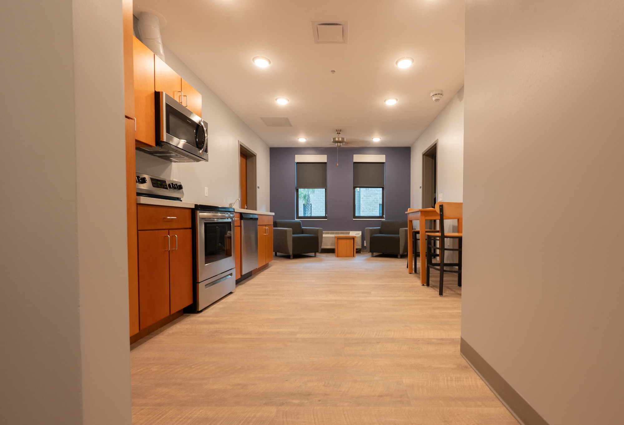 A newly finished view of the kitchen in the new dorm facility.