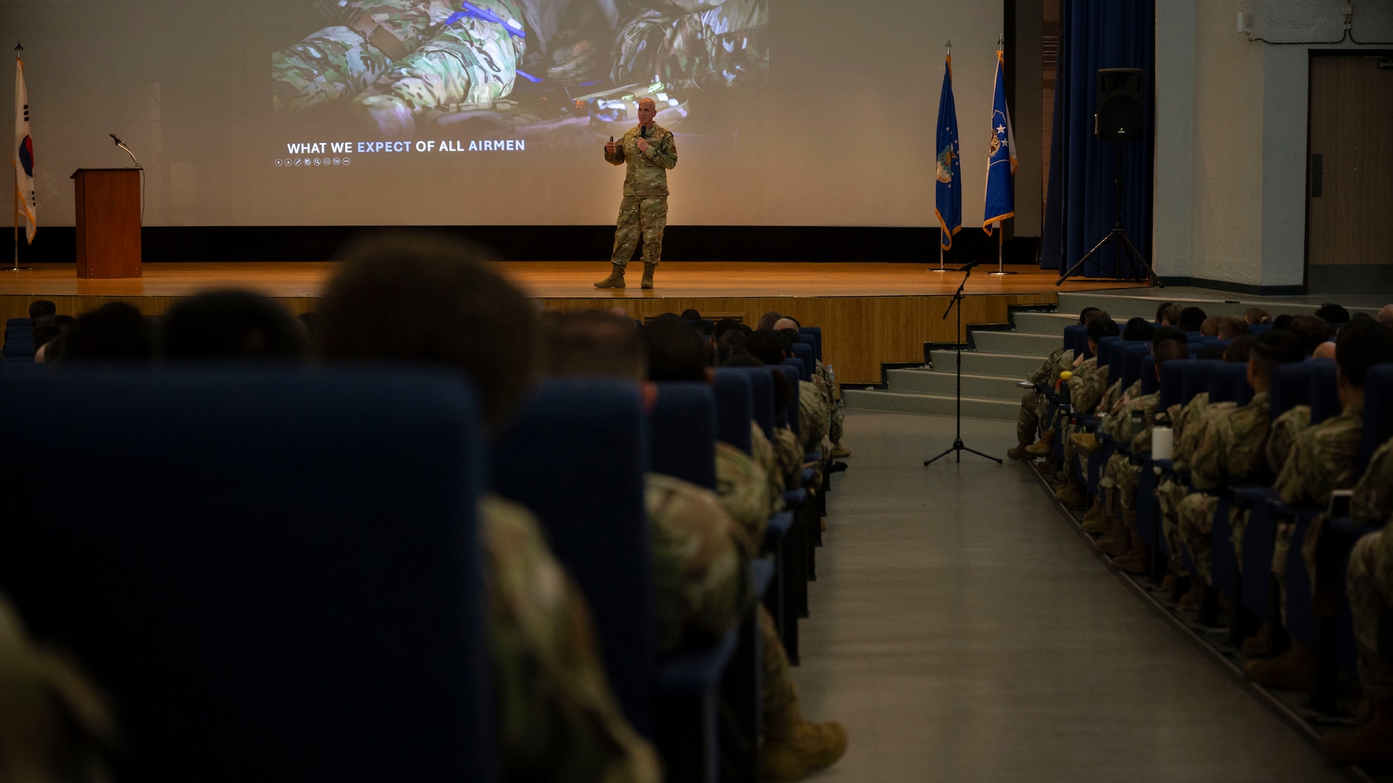 Chief Master Sgt. of the Air Force David Flosi delivers remarks during an all-call at Osan Air Base, Republic of Korea, July 25, 2025. Flosi visited Osan to learn firsthand about Osan’s critical role while engaging with Airmen to discuss the future of Air Force operations, plans to build a more lethal force and their dedication to Airman development. (U.S. Air Force photo by Senior Airman Rome Bowermaster)